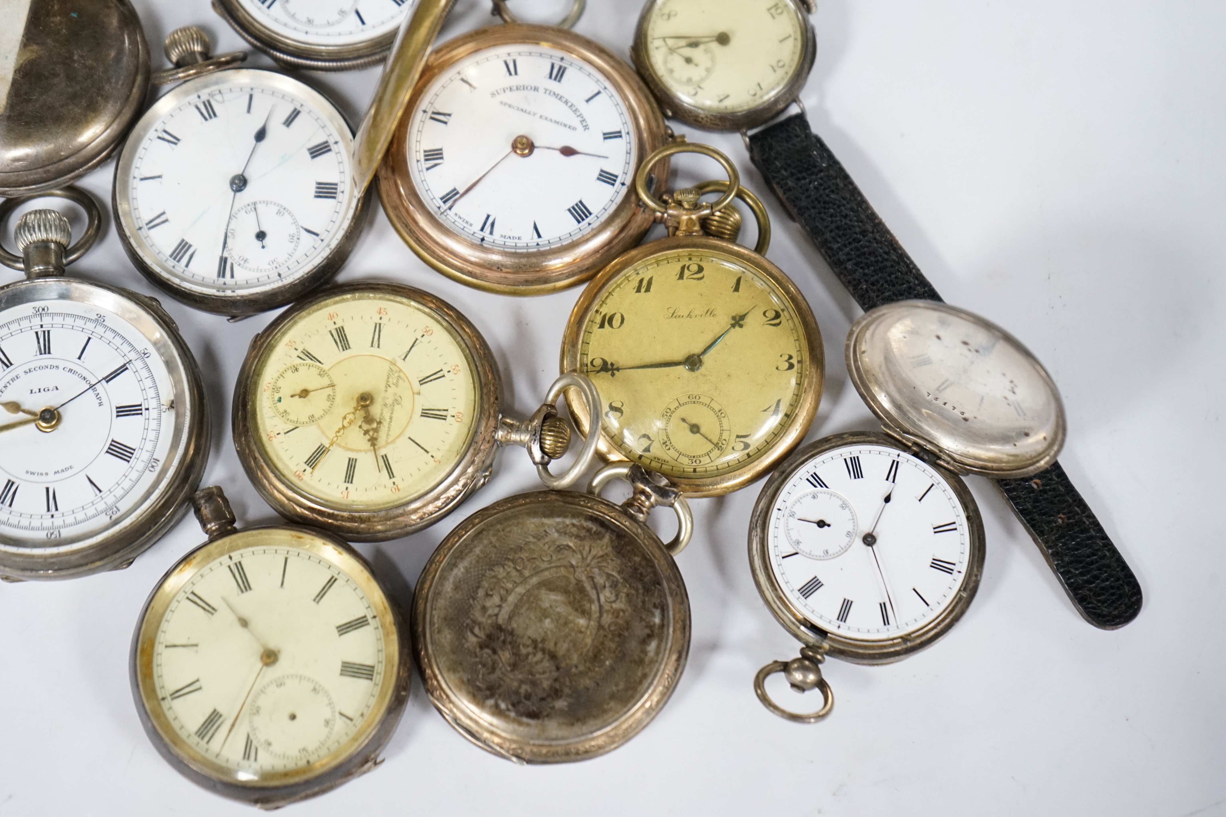 A lady's marcasite set wrist watch, a 935 standard wrist watch and a small quantity of assorted pocket watches, including 900 standard and niello white metal, three silver pocket watches including Kendall & Dent and a Li